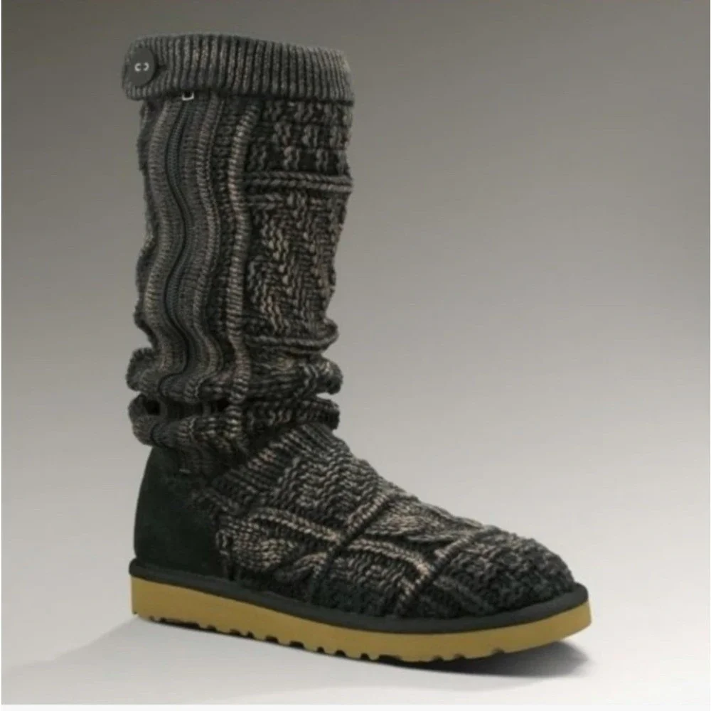 UGG Australia Patchwork Knit Lattice Cardy Charcoal Grey Tall Boots 1001020 Sz 7